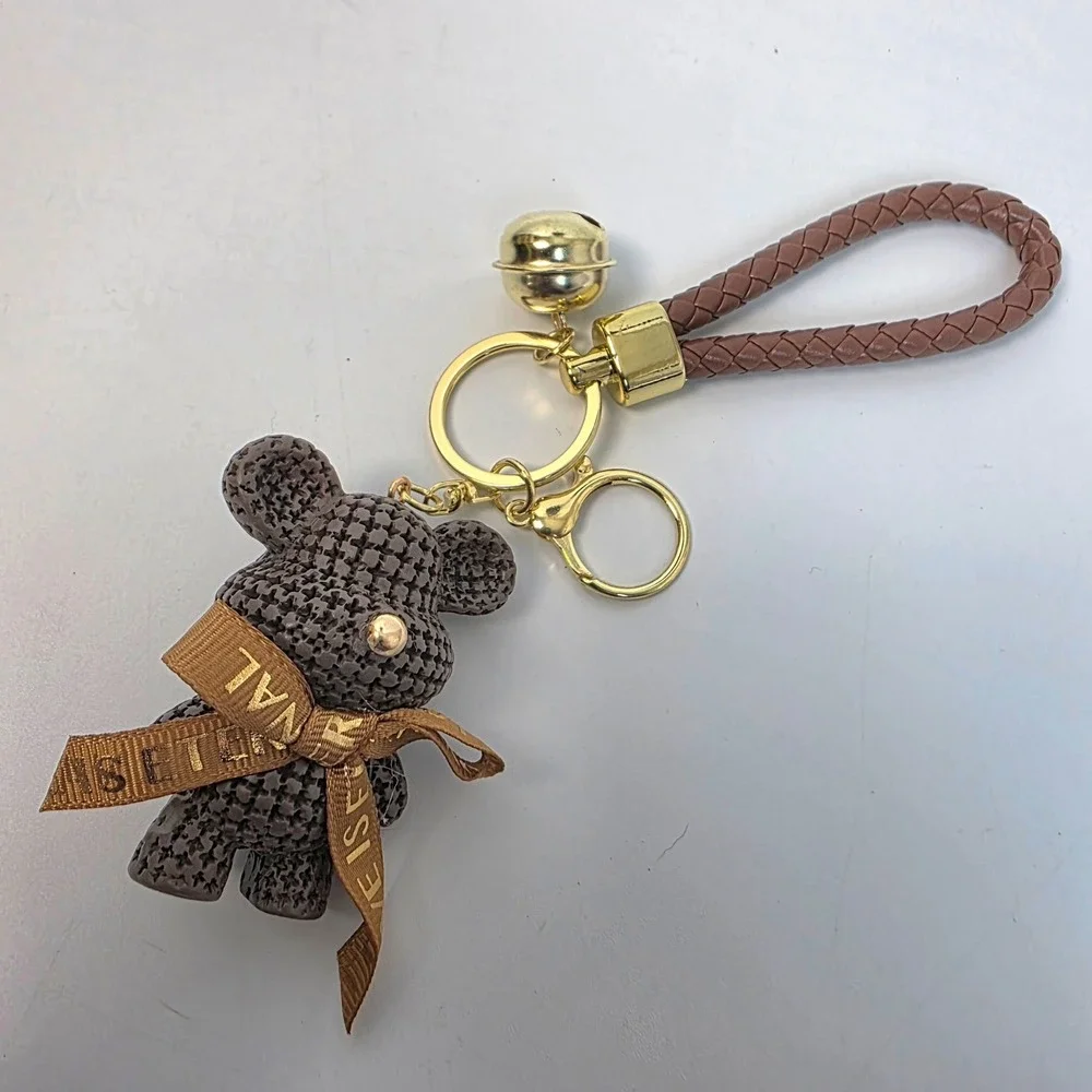 Teddy Bear Keychain Bag Charm Brown Woven Texture Braided Strap Gold Hardware